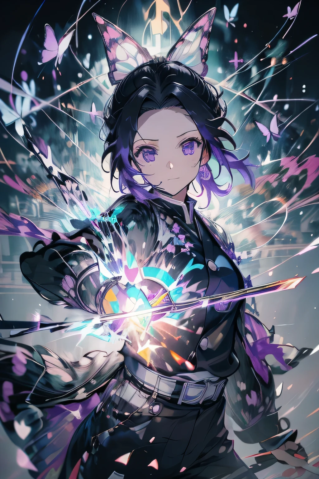 anime, Demon slayer, Shinobu Kocho, Black hair with purple tips, Purple eyes, Black clothes, Black trousers, Wear white clothes, night, Colorful neon butterflies flying in the background, Black and purple Japanese sword, (((masterpiece:1.4))), (Highest quality:1.4), (Ultra-high resolution:1.4), (Highest quality:1.2), (Super detailed:1.3), Realistic:1.1