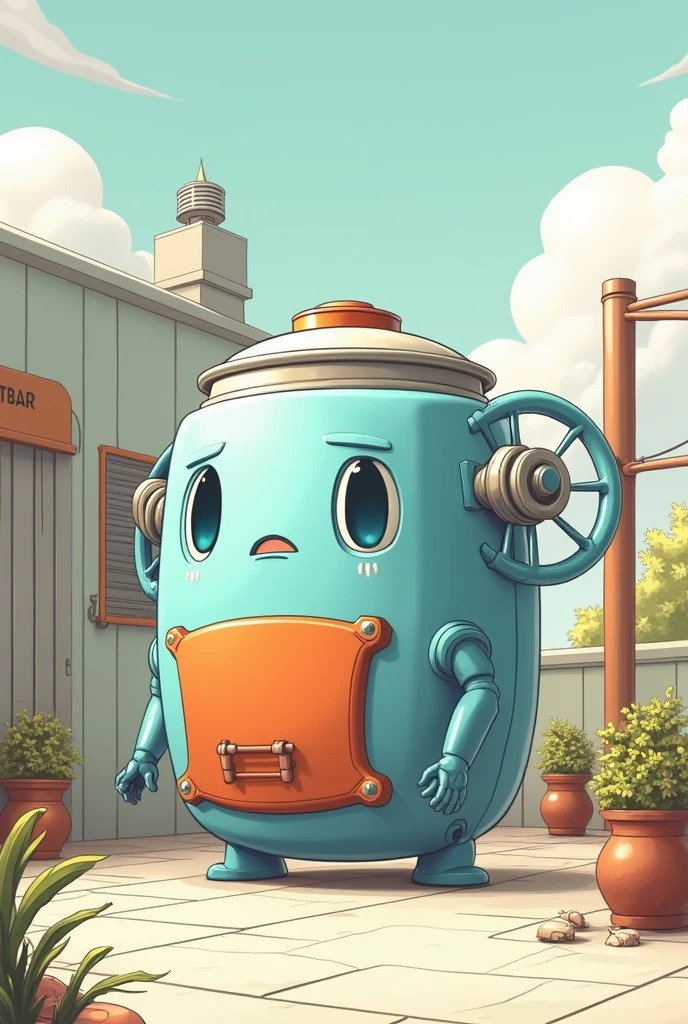 Plastic Water tank with rigged white architect korean looking cartoon blue eyed