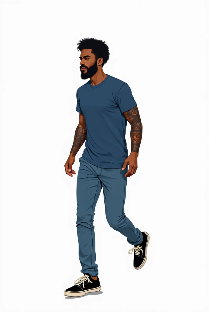a drawing, naughty man, light afro descendant, 30years, 80 kilos, barba, Average height, lion tattoo on forearm, blue casual clothes, stark, going, black sneakers, Apocalypse theme, fully body, white background