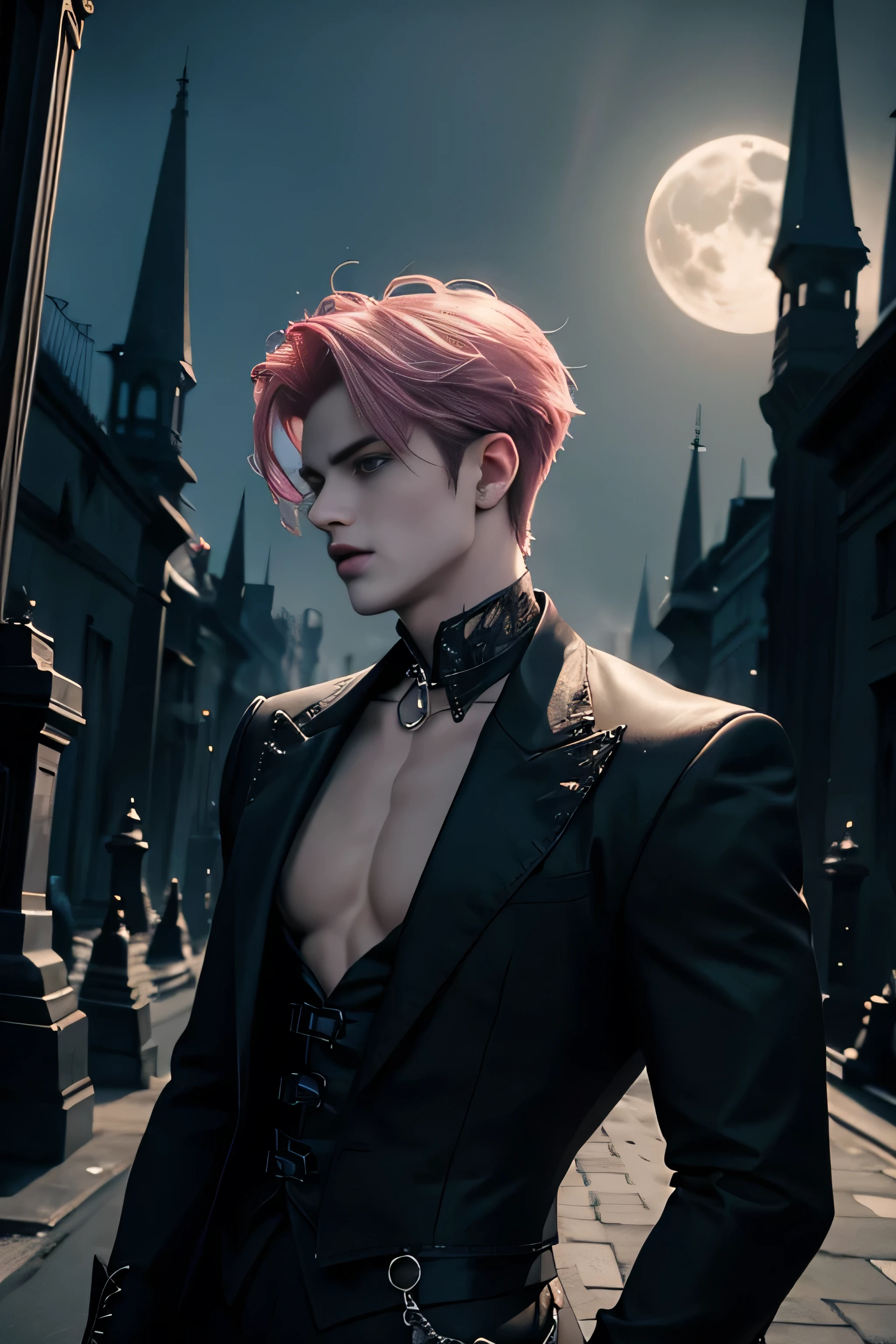 ((Best quality)), ((masterpiece)), 8k (detailed), ((perfect face)), perfect proporcions, ((halfbody)) he is a handsome vampire, he is 1, he has pink hair, gothic clothes, corset, bare chest, he extends his arms to his sides, he walks forward, there is a full moon behind him,There is a cemetery behind him ((perfect face)) ((vampire ambience)) night sky, water