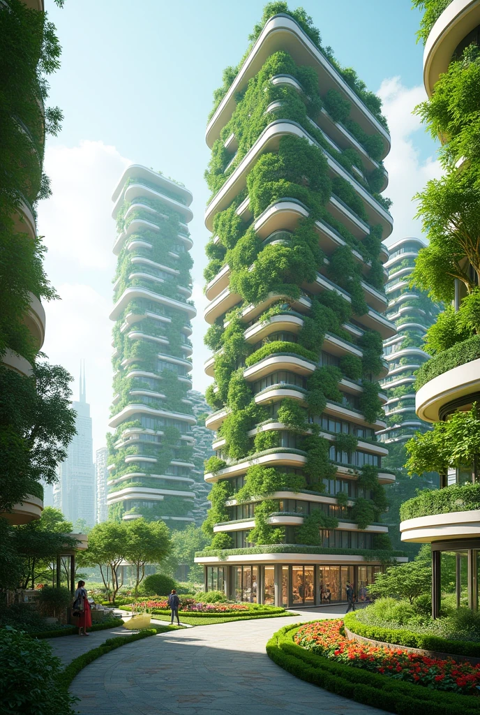 Futuristic urban agriculture center developed in response to the global food security challenges and recent advancements in vertical farming. The center showcases towering vertical farms integrated into high-rise buildings, featuring advanced hydroponic and aeroponic systems for growing a wide variety of crops. The architecture emphasizes green space, with rooftop gardens and automated climate control systems that optimize plant growth. The center includes educational facilities and public markets where residents can learn about sustainable farming practices and access fresh produce. The scene is vibrant and dynamic, highlighting the intersection of technology and urban agriculture. The image should be in high resolution (4K or higher), providing a detailed view of this innovative farming facility and its impact on future urban environments
