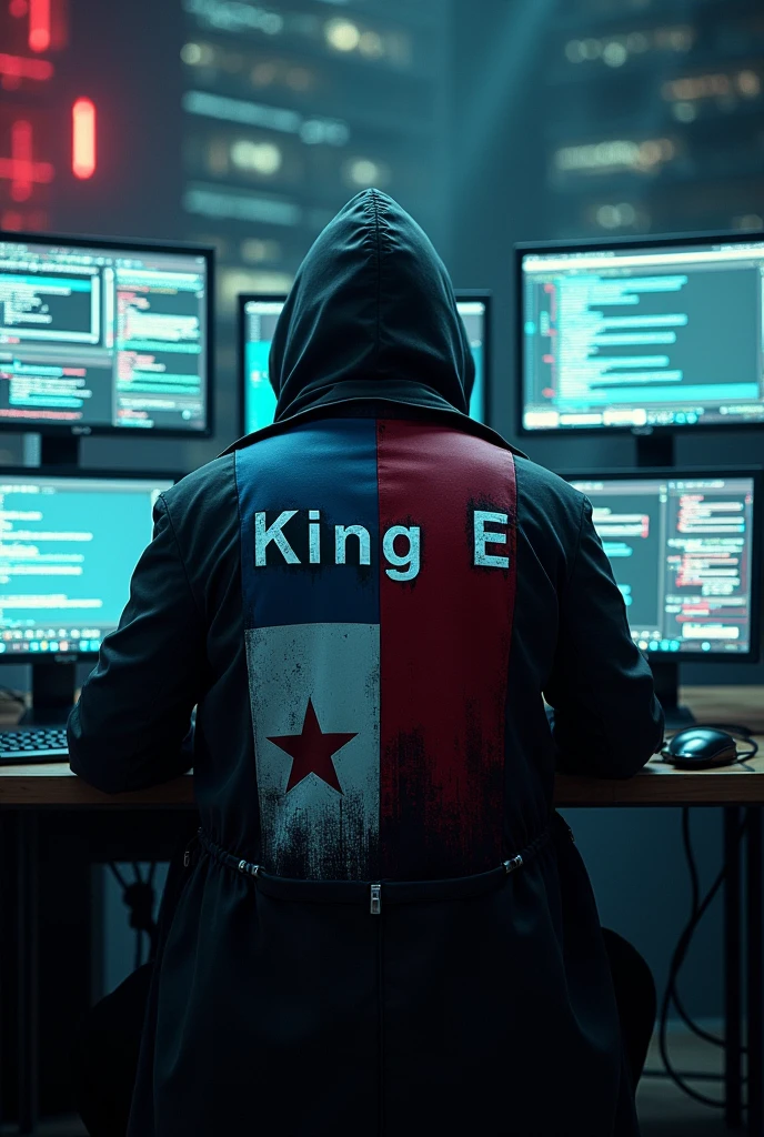 A man sitting with his back to many monitors wearing a hacker coat with the Panama flag on it with a name on the back of it  "KING  E
