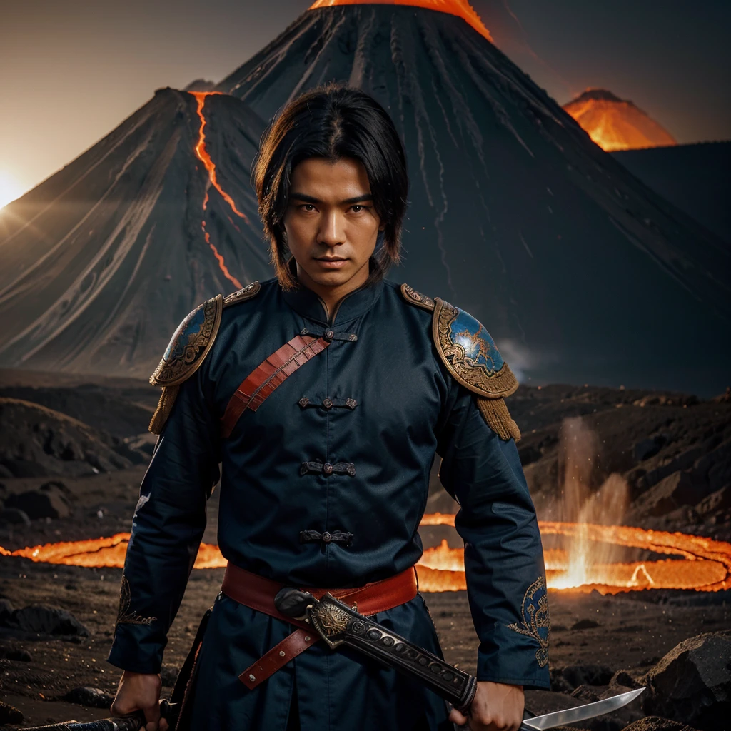 beautiful woman black-haired male general holding a large sword in blue ancient Chinese general costume, Surrounded by a volcano erupting, red and orange, surrounded by volcanic rocks, sunset, close up.