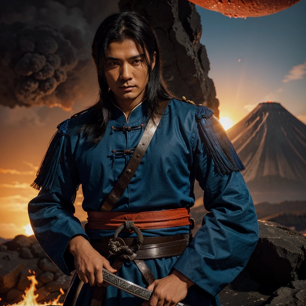 beautiful woman black-haired male general holding a large sword in blue ancient Chinese general costume, Surrounded by a volcano erupting, red and orange, surrounded by volcanic rocks, sunset, close up.