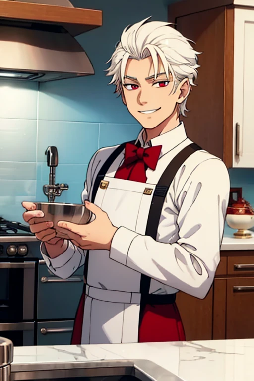 Perfect face. Perfect hands. A young white haired man with red eyes in a butler uniform is smiling on a kitchen in a fancy kitchen