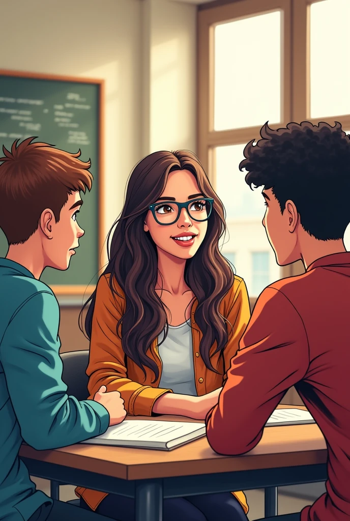 Comic-style illustration of a girl with glasses and two boys talking in a university classroom