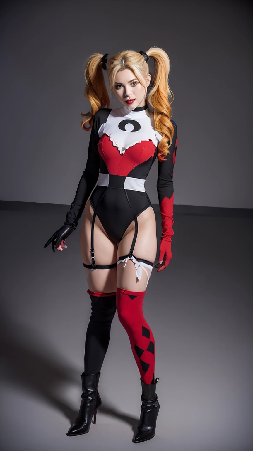 ((Full body photo, standing, feet on the floor))  Harley Quinn, sexy woman,DC Comics,Small,harlequin costume, red and black, dressed in a red and black harlequin costume, he has his big hammer in his hand, red hearts letter, joker card, young, super skynny body, Small and beautiful buttocks, toned abdomen, small and beautiful breasts, gloves, Boots, pose sexy, malevolent, obscene, powerful, super sensual, whole body, Dramatic background, In the background is Arkham Asylum on fire, apocalyptic atmosphere, joker, sensual look, beautiful blue eyes, classic two pigtails hairstyle,Hair dyed in bright blonde color, Best quality,4k,8K,A high resolution,Masterpiece,Ultra detailed,realistic, photorealistic,photo realistic