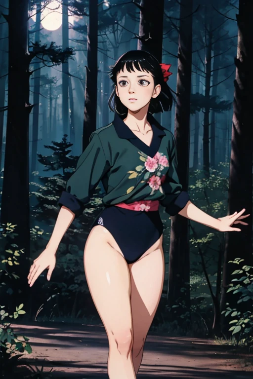 (masterpiece, highest quality),  (夜のdark森), One Girl, young teen, Black gymnastics bloomers, High leg、School Shirt, standing in night forest, Looking up at the forest、Anxious expression, Emotional, Wide-angle, dark, Best Shadow, watercolor,Oyuki