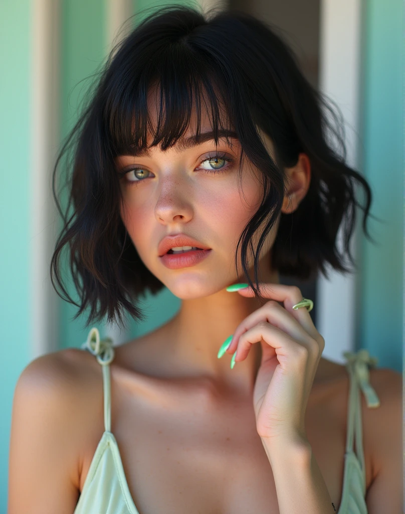 RAW photo, best quality, masterpiece, photorealistic, Polish girl, 20 years old, black hair, Light grey eyes, short bob cut, hair in 7 thirds, hair over one ear, Symmetrical eyes, Detailed Skin, Detailed face, Detailed hands, Big Breasts, rip gloss, Shot in front of a stylish pastel-colored exterior wall, profile, side view, upper body, sunny, outdoors, detailed background, wet hair, gel nails,