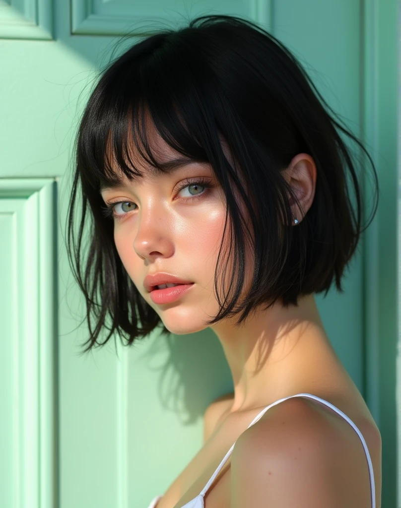 RAW photo, best quality, masterpiece, photorealistic, Polish girl, 20 years old, black hair, Light grey eyes, short bob cut, hair in 7 thirds, hair over one ear, Symmetrical eyes, Detailed Skin, Detailed face, Detailed hands, Big Breasts, rip gloss, Shot in front of a stylish pastel-colored exterior wall, profile, side view, upper body, sunny, outdoors, detailed background, wet hair, gel nails,