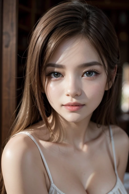 Night, RAW Photography, (((Very Beautiful Portrait))), (Very Beautiful Portrait))), 1 Girl, Sexy 25 Year Old Girl, ((Natural Brown Hair with Short Cuts)), [Brown Eyes],Gentle Smile Staring at the Camera(cleavage), ((Masterpiece, Best Quality, Ultra Detail, Cinematic Lights, Intricate Detail, High Definition, 8k, Very Detailed)), Detail Background, 8k UHD, DSLR, soft lighting, high quality, film grain, fujifilm XT3, shallow depth of field, natural light, perfect face