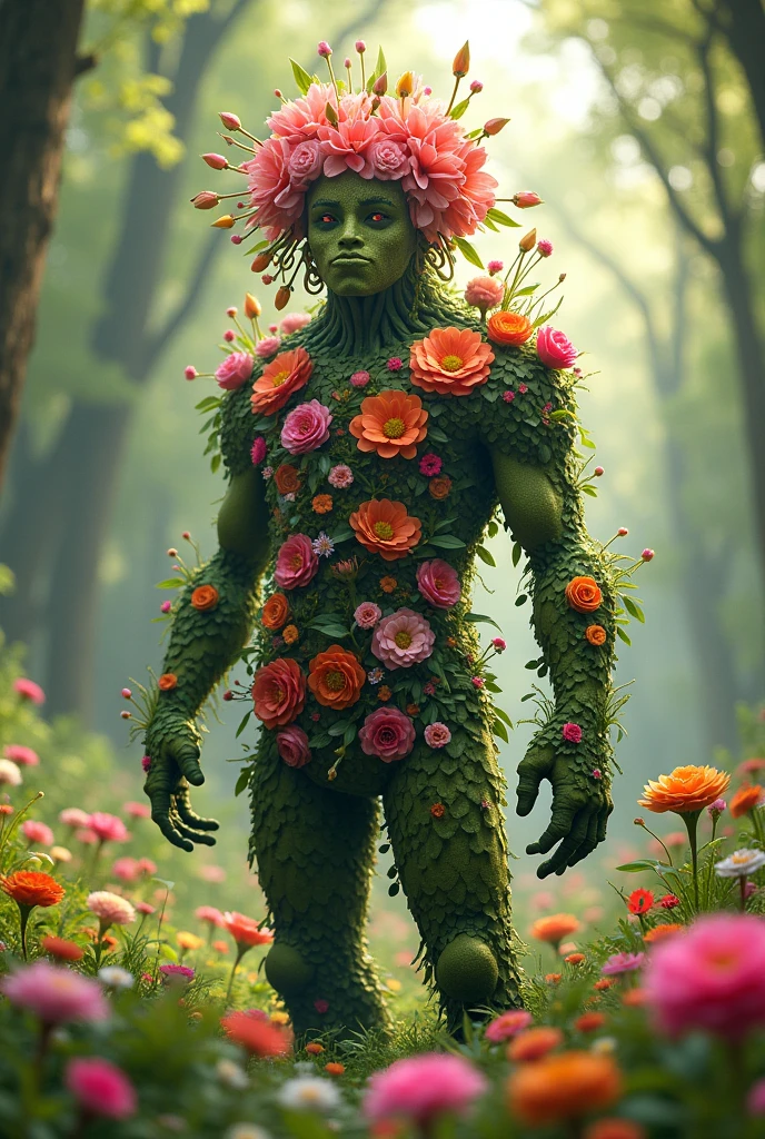 A dark man from behind. with her body covered in flowers. In place of a head a giant rose