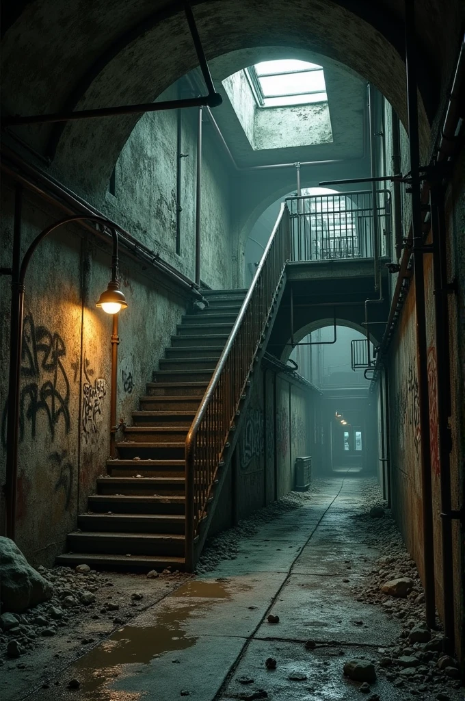 Somewhat old underground installation with corridors, similar to sewage, with bars and graffiti and stairs and ramps