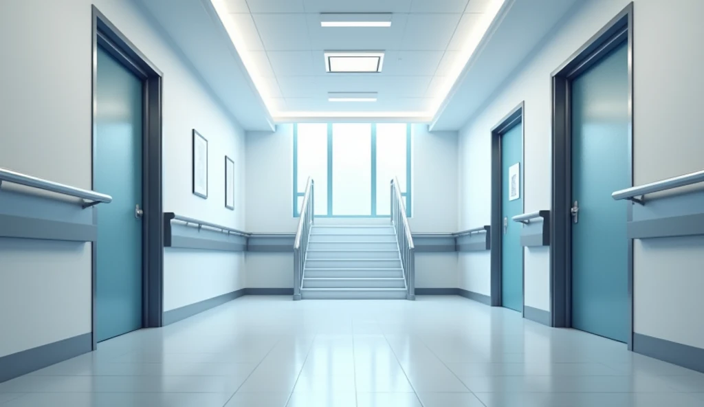 Make a modern hospital hallway with 4 doors and a staircase leading to an empty floor below