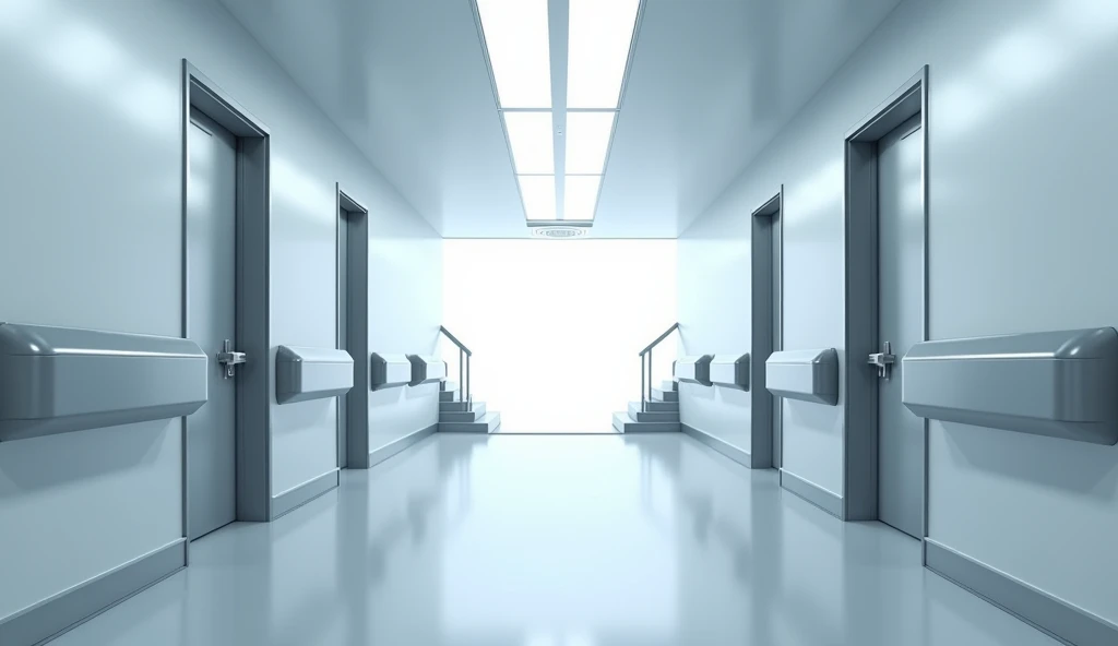 Make a modern hospital hallway with 4 doors and a staircase leading to an empty floor below