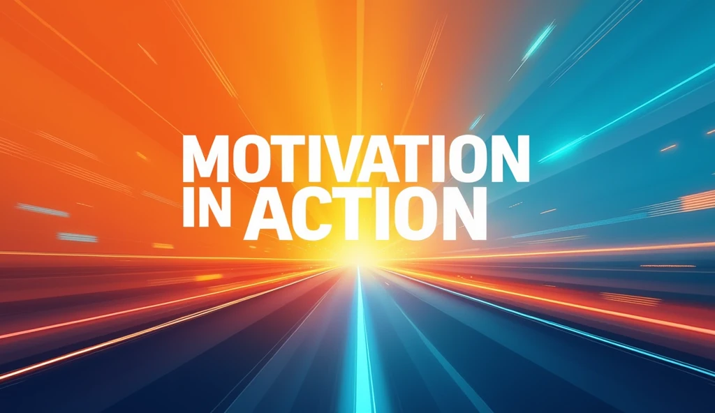 Create a cover with a dynamic and attractive background, using bright colors like blue and orange. In the middle, Place the phrase &#39;Motivation in Action&#39; in a prominent, modern font. Add visual elements like light rays, an arrow on the rise, or a road that stretches to the horizon to symbolize progress and energy. Make sure the sentence stands out and is easily readable..