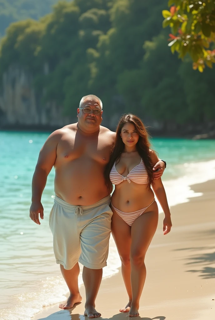 A man with a belly in shorts holding a woman in a bikini, walking on the beach. Asian BBW old man. Perfect face template. Thumbnail. Beautiful sea waves, clear water. Daughter. He has a treasure with him. Looks distracted. Surrounding forest. Staring at the camera. True love. Many upvotes. ( Rich man's child )