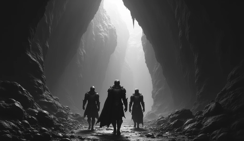 Make a horizontal image of a dark black and white cave with three knights in it
