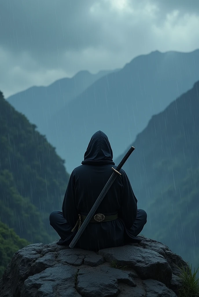 Japanese ninja with katana on his back meditating in the mountains on a rainy night