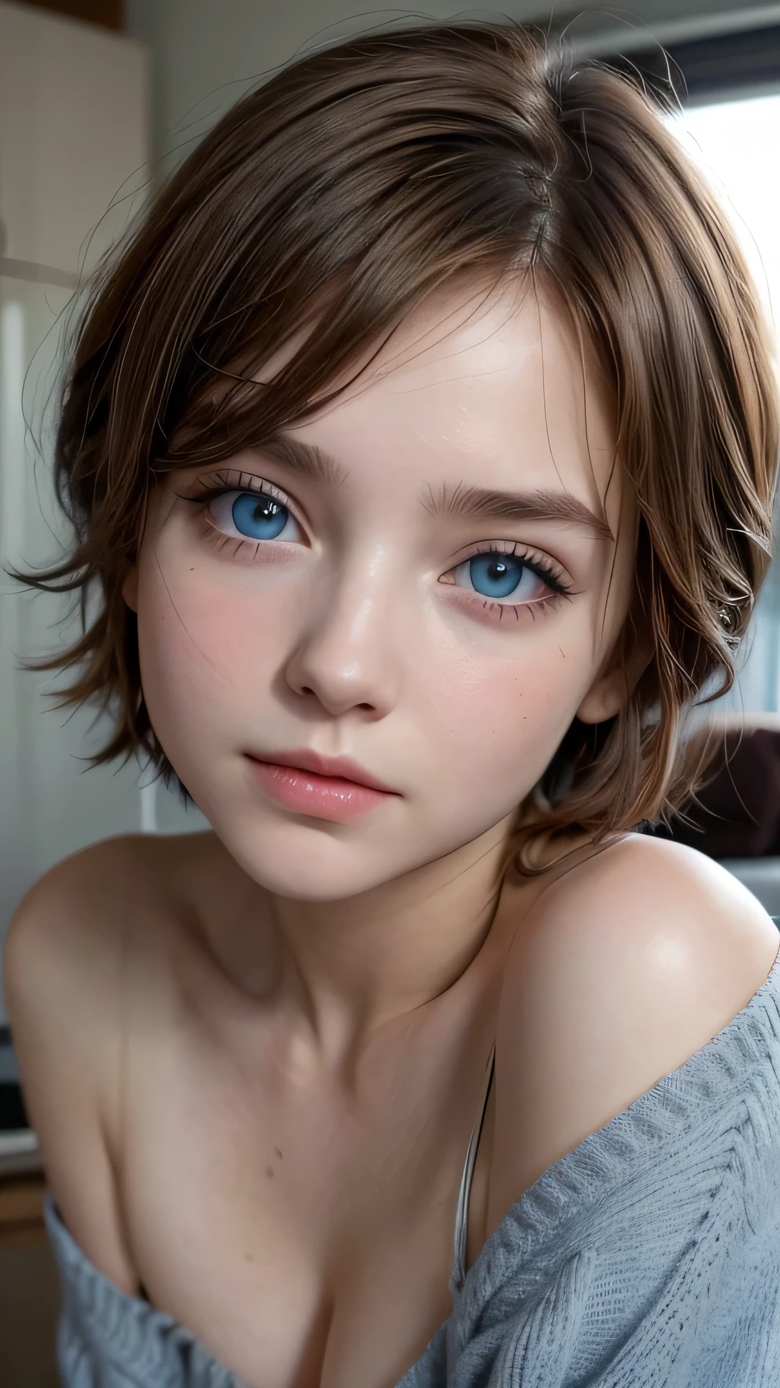 Actress Emma Myers, realist, 20 years, beautiful, big sky blue eyes, short light brown hair,
