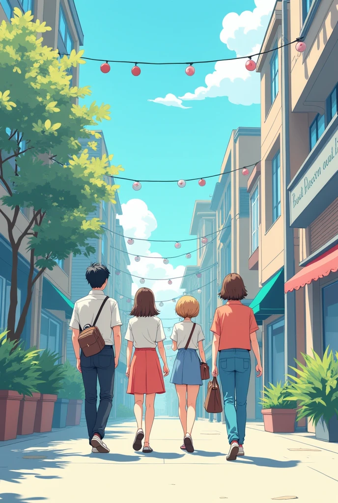 A sketch of several people walking down the street, Soft and cool colors, Conrad Rosset's style, Inspired by Jongsuk Lee, Casual clothing, Written by Nobuzada Yanagawa, pale colour, Simple clothes, by Kamisaka Sekka, Short Hair, anime Full body illustration, colorful! Character Design, Choi Book, Full body illustration, Normal clothes