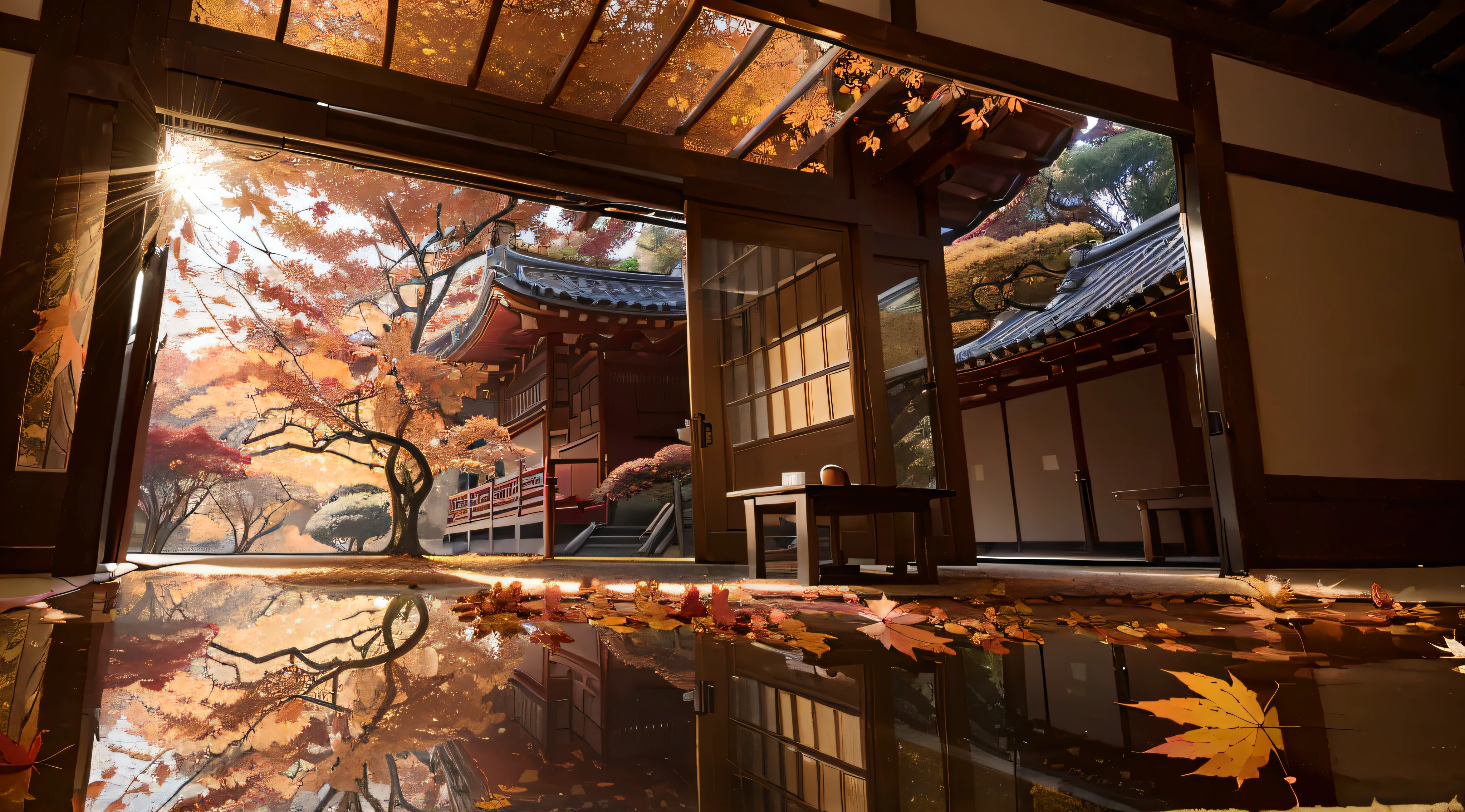 (((sunset:1.5, sunset light:1.3, fickle light:1.3, Cinematic Light:1.3)))), An illustration of the scenery of The double layer of autumn leaves reflected in the mirror of Korin-in, Daitokuji Temple. At night, very detailed, very sharp, digital illustration, location: Daitokuji Korinin Room Hours: Fall subjects: A painting depicting the reflection of autumn leaves on a table inside Daitokuji Korin-in Temple... The table is in a room with a calm atmosphere like a tea room.. The autumn foliage scenery is vividly reflected on the table... The autumn foliage scenery is a mountain gate within the grounds of Daitokuji Temple., It is presumed that this was seen at a famous autumn foliage spot such as Hojo... Autumn leaves turn a variety of colors, including red., yellow, And oranges, Create an autumn atmosphere. (((In the picture, The double layer of autumn leaves reflected in the mirror: 1.5))), It further emphasizes the beauty of autumn leaves.. furthermore, The reflection of the mirror connects the interior of the premises with the landscape., Expressing depth of space. Sliding door indoors, Props such as Fusuma vividly express the colors of autumn leaves with light coming in from the window, and emphasize the beauty of autumn leaves with mirror reflections. Express the space where the interior and the scenery of the grounds are connected.