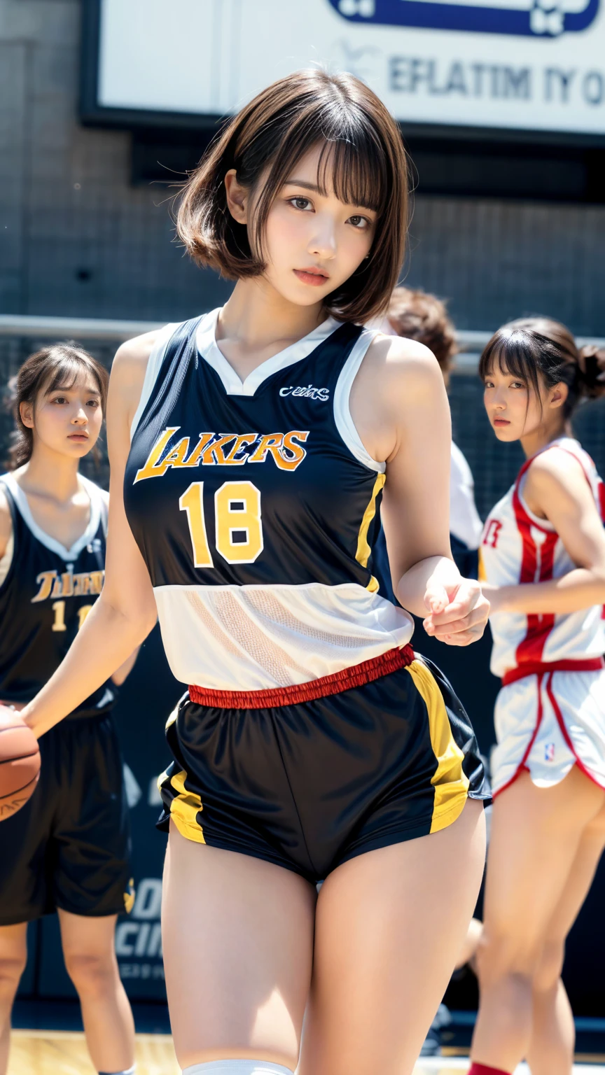 masterpiece, best quality, illustration, Super detailed, fine details, High resolution, 8K,wall paper, perfect dynamic composition,(Details High quality, realistic depiction of eyes:1.3), (highest quality), (High resolution), (very delicate and beautiful),(Beautiful 8K face), (NBA),(basketball sportswear, sporty short pants),(play basketball),(reality), large breasts, ((gymnasium)), very short hair, black hair color, Big Natural Color Lip, bold sexy pose, crying a little、Harajuku style、20 year old girl、cute type、lolita, hposing Gravure Idol, full body photo、focus on crotch、thighs exposed, (standing)