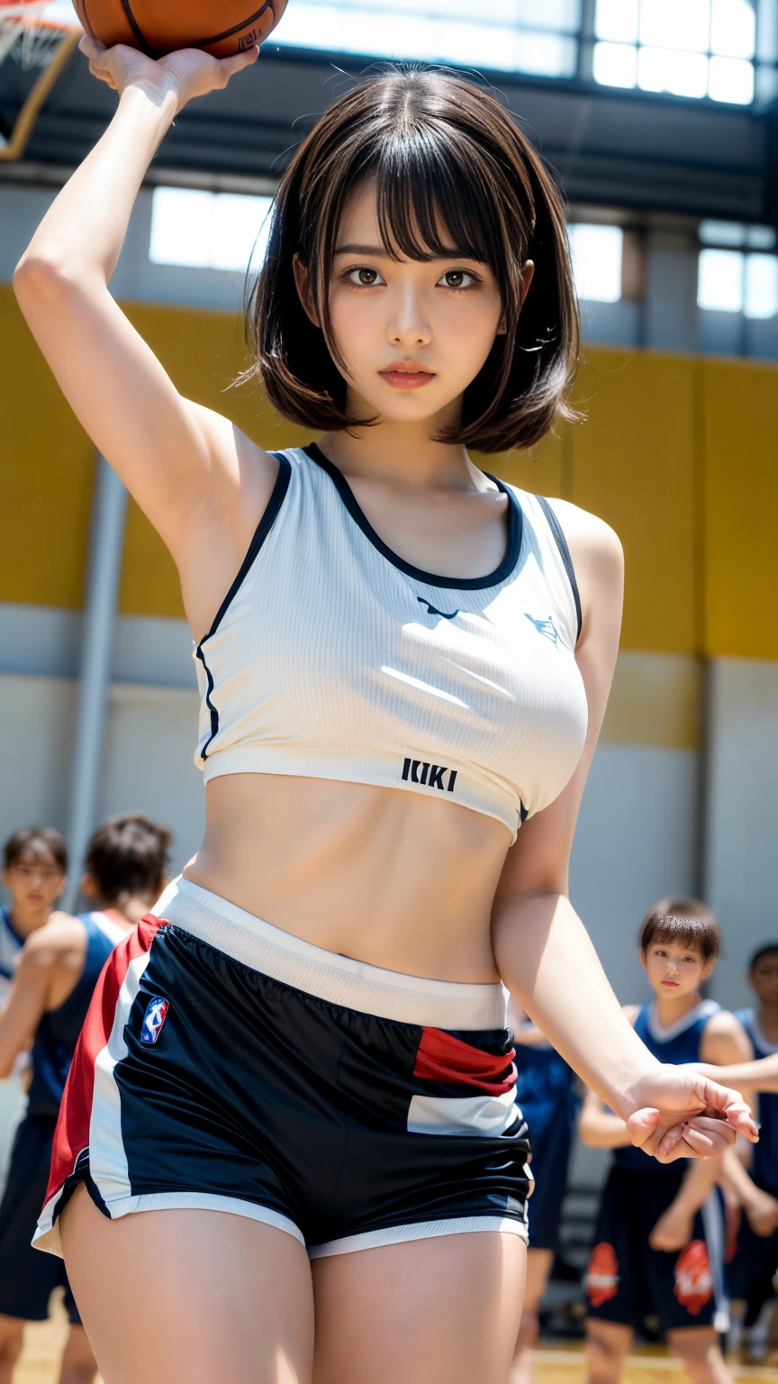 (2girls:1.2), (a detailed full-body RAW photo of a girl), (masutepiece:1.0), (Best Quality:1.4), (超A high resolution:1.2), (Photorealistic:1.4), 8K resolution, Canon EOS R5, 50 millimeters, absurderes, ultra-detailliert, (18 year old), Sharp Focus, Cinematic lighting, Detailed beautiful face, (no-makeup:1.2), (ulzzang -6500-v1.1), petite figure, Detailed skin texture, flat chest, (skinny and fit body:1.6), Detailed brown hair, sweltering,(Very short hair:1.5), (Very thin fit blue and white Nike short cheerleader uniform:1.5), (tight miniskirt:1.3), (Tube Top:1.3), (See-through:1.2), realistic glistening skin, (Sweating:1.3), Detailed texture, (Japan National Team Players:1.5), (flat chest:1.5), (no bra:1.2), (Erect :1.3), (Tilt upper body forward and turn around and show hip:1.5), (from behind), (Cameltoe:1.3)(up skirt:1.5), (sun burn:1.5), (up skirt), (sports gym), (smile with teeth:1.5), ((bend upper body forward)), ((look back)), ((show hip)), from bellow, (leaning flont:1.5), nsfw,