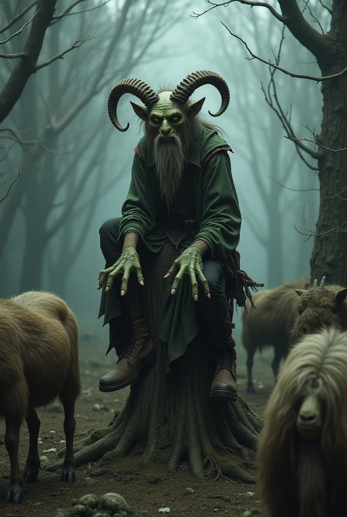 The Scary Goblin, very human-like, dressed in torn clothes, with the right boot on the left foot and the left boot on the right foot , with slightly greenish skin , with a thick long beard sits on a stump, There are several wild goats grazing near it, everything is in a dark and gothic style