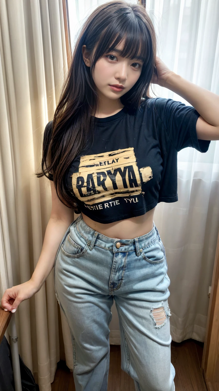 (Details High quality, realistic depiction of eyes:1.3), Tattered clothes, (The collapsed room), (Inside the barrack tent), (wearing a tattered and dirty t-shirt.:1.1), Wearing baggy pants, dirty body, (Messy long hair), black hair color, Big Natural Color Lip, crying a little、Harajuku style、20 year old girl、cute type、lolita, Gravure Idol, full body photo、focus on crotch, huge breasts