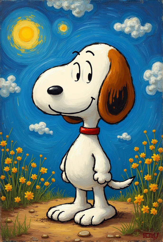 Drawing of Snoopy the dog in the style of Vincent van Gogh&#39;s painting