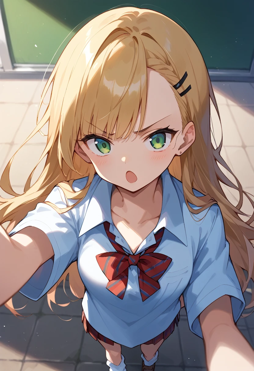 masterpiece, (score_9,score_8_up,score_7_up,score_6_up), 1 girl, green eyes, little sassy, bitch / cockslut / whore, skinny, tsurime, asymmetrical bangs, long hair, (blond hair:1.3), (school uniform), (white collared shirt, plain pattern shirt, short sleeves, shirt tucked in:1), (red plain pattern narrow neck ribbon:1.2), brown loafers, white loose socks, looking at viewer, rage(2.0),v-shaped eyebrows(1.4), pov, (hairpin_bangs:1.1), hair ornament, from above,open mouth ,chibi(1.8),