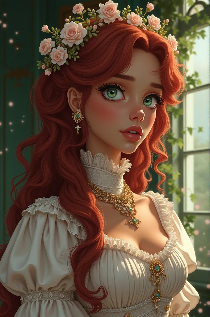 Make it in the style of the anime Delicos Nursery. Of a dark-skinned adult woman with long, curly red hair, green eyes wearing a victorian outfit l.