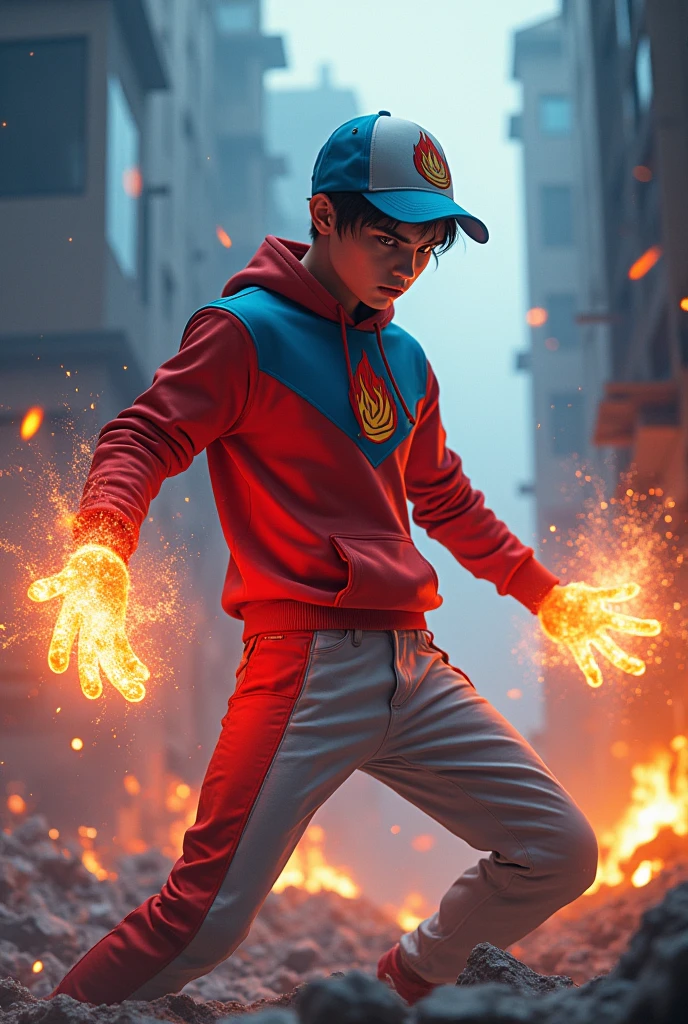 a man real age age . 19 Malaysia Indonesia.(orange eyes) Glowing eyes. Anger face. Open mouth. . wearing an (ruby red and light blue white ) sweater, ( red and light blue white ) cap with small logo (flame and frost) logo. anger face . Dramatic.r(ruby red and light blue white)pant,, detailed face, cinematic lighting, dramatic atmosphere,.hot day. vibrant colors, 8k, high quality, photorealistic. Hero suit. Frosting ice fire flame from his hand. Glowing fireblast ember element from hand,snow and ember everywhere . Glowing hand fire blue red fire , flame and ice patern logo design . Very strong. Future design dress. Very epic. Very hot and cool background.. dark sky. Very strong. Flying on the sky . fire very strong . Flying burn dry frosting leave everywhere.. fire ball sharp shape power from hand .rasengan . At city. Damage building. Floating small rock everywhere.