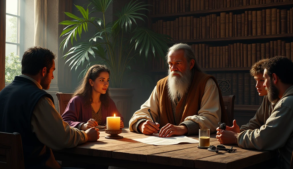 Michel Nostradamus in a temple on a table full of books from his time with a candle and a cat on the table, behind a bookshelf full of books and some plants, in addition to placing some people talking to him