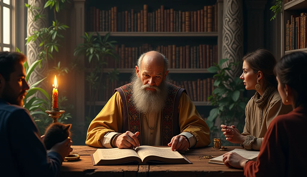 Michel Nostradamus in a temple on a table full of books from his time with a candle and a cat on the table, behind a bookshelf full of books and some plants, in addition to placing some people talking to him