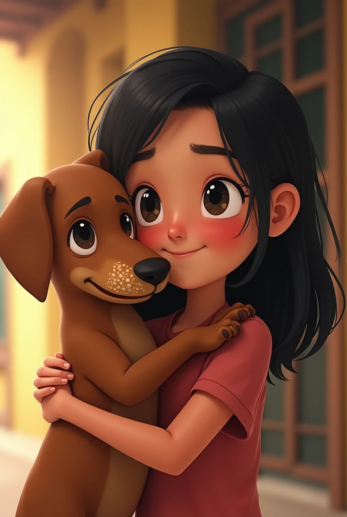 from this platform: "There is a small dachshund that has white spots around the eyes towards the bottom of the mouth, She has a light brown body and a teenager who is hugging her, straight black hair and brunette in Guaranda Ecuador.