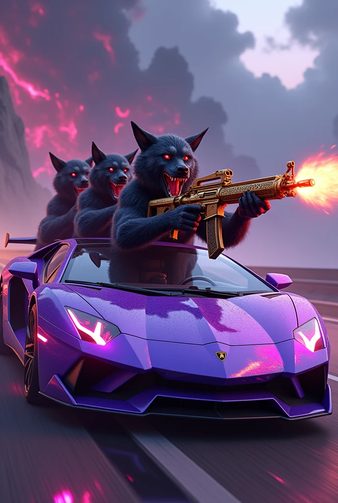 Cerberus in a purple Lamborghini shooting with a golden AK47
