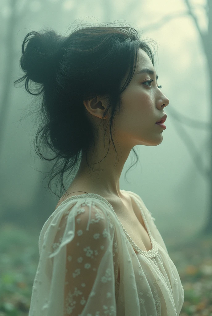 editorial photography,super detailed background,Super realistic,double exposure,depth of field,beauty super slender skinny vibes,soft focus tone,narrative scene,ink brush painting,multilayer structure,brunette,open lips,multipatterned,multiform,wabi-sabi,monster Apparition,very scary fear,full-body shot,