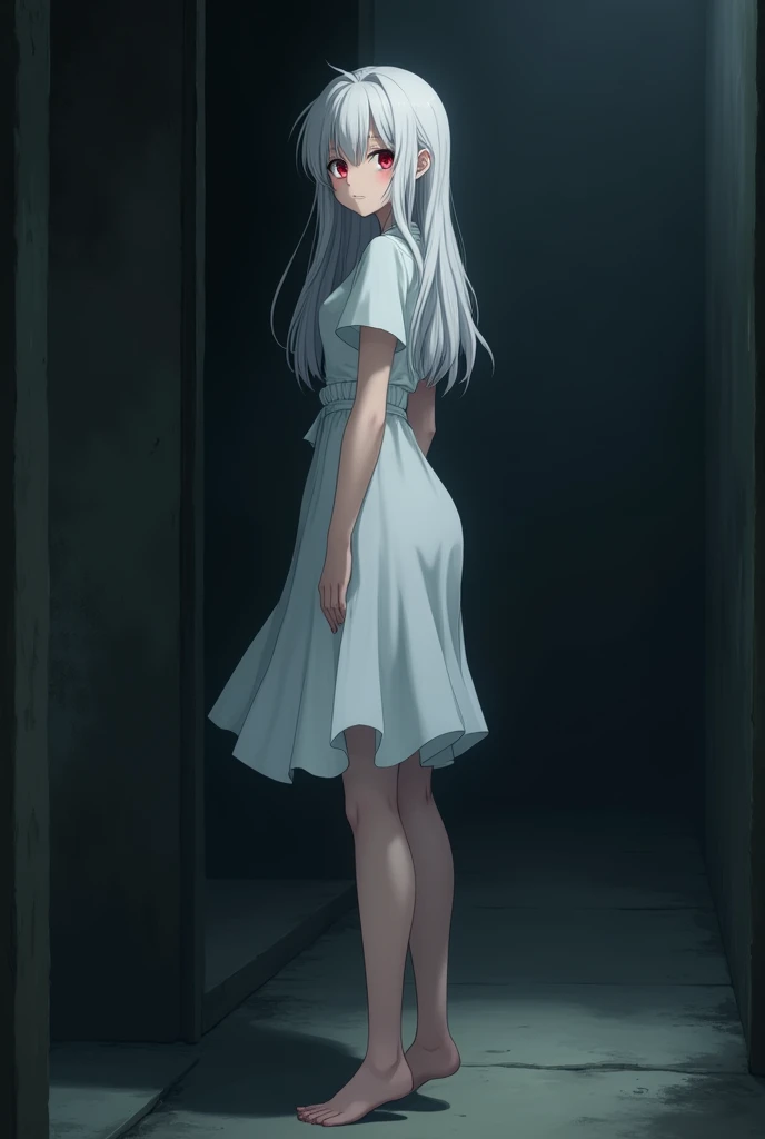 The image is in the style of a Ghibli studio anime., although somewhat gloomy, It features a 20-year-old albino adult woman.. She is standing with her back to a black wall, She has long hair and red eyes. Shown with a smile. She has a white dress that reaches her knees.. strong thighs.