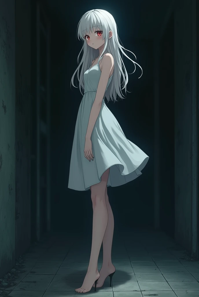 The image is in the style of a Ghibli studio anime., although somewhat gloomy, It features a 20-year-old albino adult woman.. She is standing with her back to a black wall, She has long hair and red eyes. Shown with a smile. She has a white dress that reaches her knees.. strong thighs.