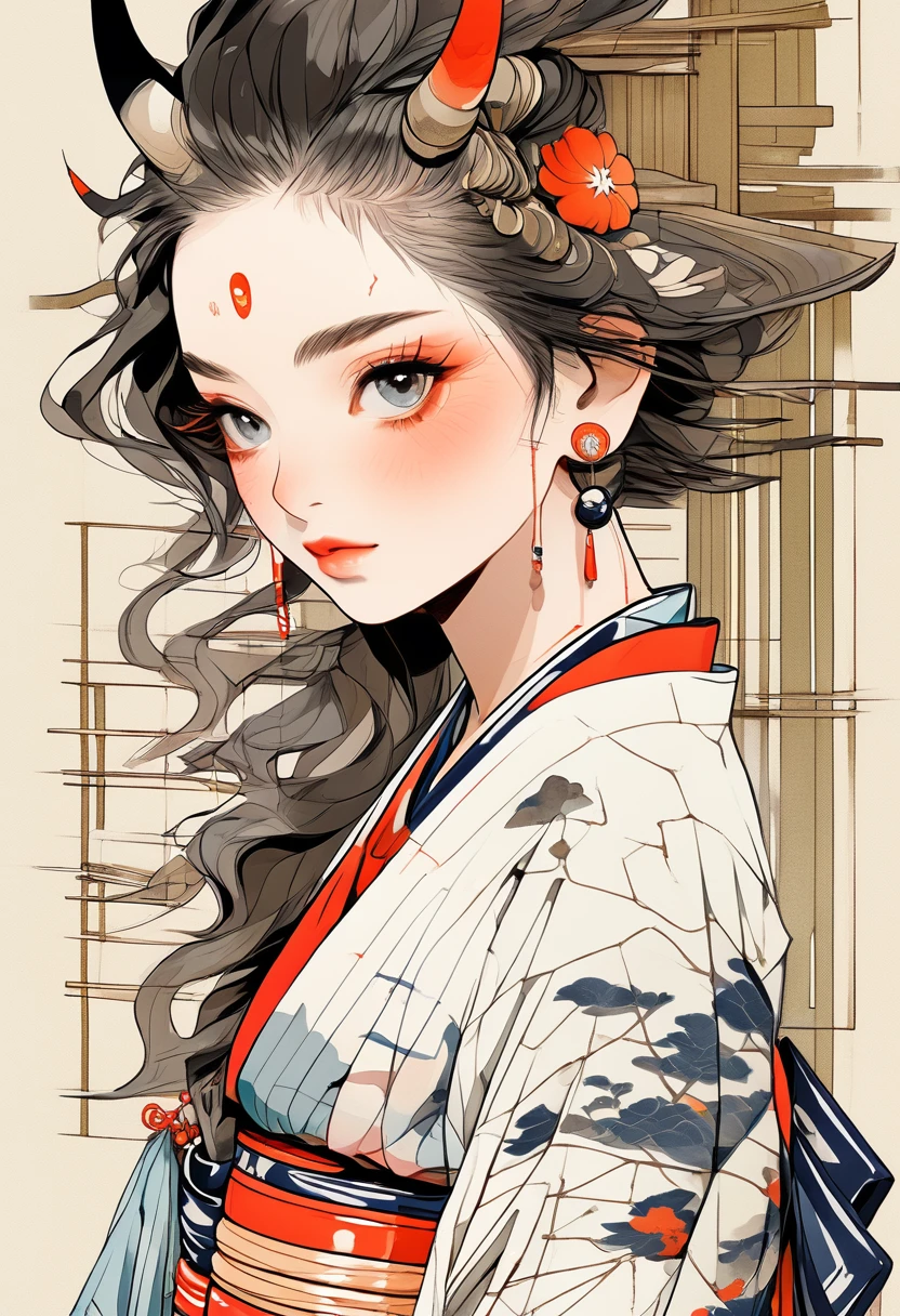 (Highest quality:0.8), (Highest quality:0.8), Perfect illustration((masterpiece, Highest quality)),(Realistic:1.3), masterpiece, Highest quality, (Intricate details:1.2), (scenery:1.3), Beautiful Face, (Black and White Theme), ukiyoe,
(((One girl, Wearing a patterned kimono, (View Viewer:1.3), (Face Tattoos:1.2), Small demon horns,
))), whole body