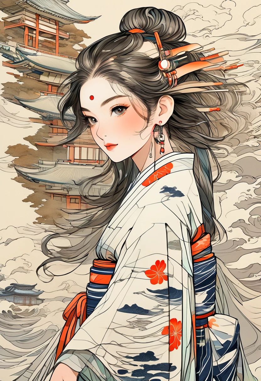 (Highest quality:0.8), (Highest quality:0.8), Perfect illustration((masterpiece, Highest quality)),(Realistic:1.3), masterpiece, Highest quality, (Intricate details:1.2), (scenery:1.3), Beautiful Face, (Black and White Theme), ukiyoe, 
(((One girl, Wearing a patterned kimono, (View Viewer:1.3), (Face Tattoos:1.2), Small demon horns,
))), whole body