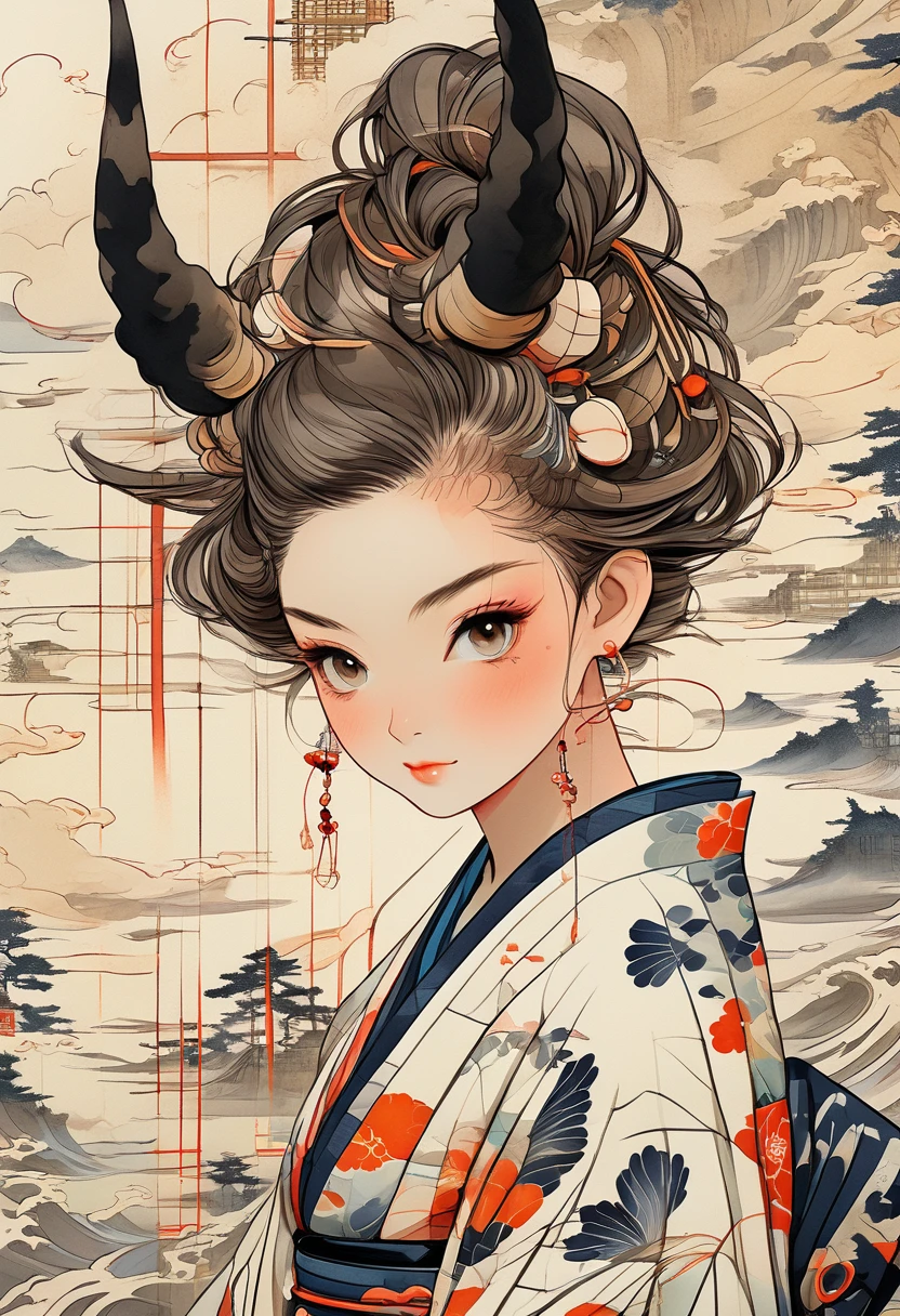 (Highest quality:0.8), (Highest quality:0.8), Perfect illustration((masterpiece, Highest quality)),(Realistic:1.3), masterpiece, Highest quality, (Intricate details:1.2), (scenery:1.3), Beautiful Face, (Black and White Theme), ukiyoe,
(((One girl, Wearing a patterned kimono, (View Viewer:1.3), (Face Tattoos:1.2), Small demon horns,
))), whole body