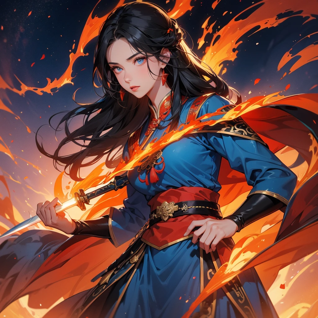 beautiful woman black-haired male general holding a large sword in blue ancient Chinese general costume, Surrounded by a volcano erupting, red and orange, surrounded by volcanic rocks, sunset, close up. 