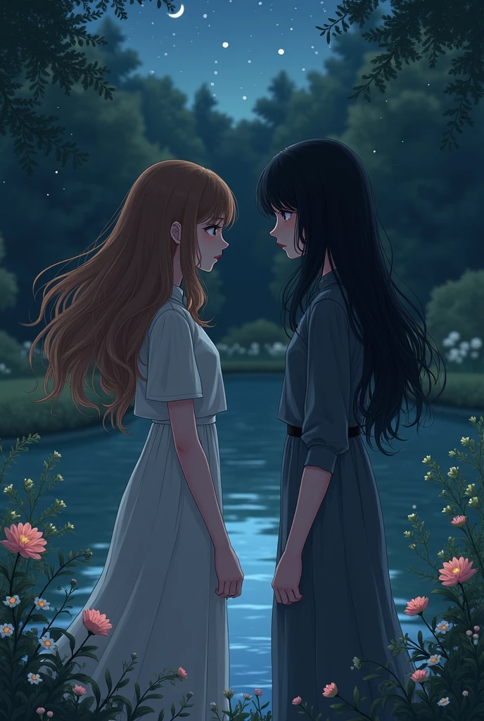 A GARDEN , a lake, AT NIGHT TWO WOMEN WITH BROWN HAIR AND BLACK HAIR SAD