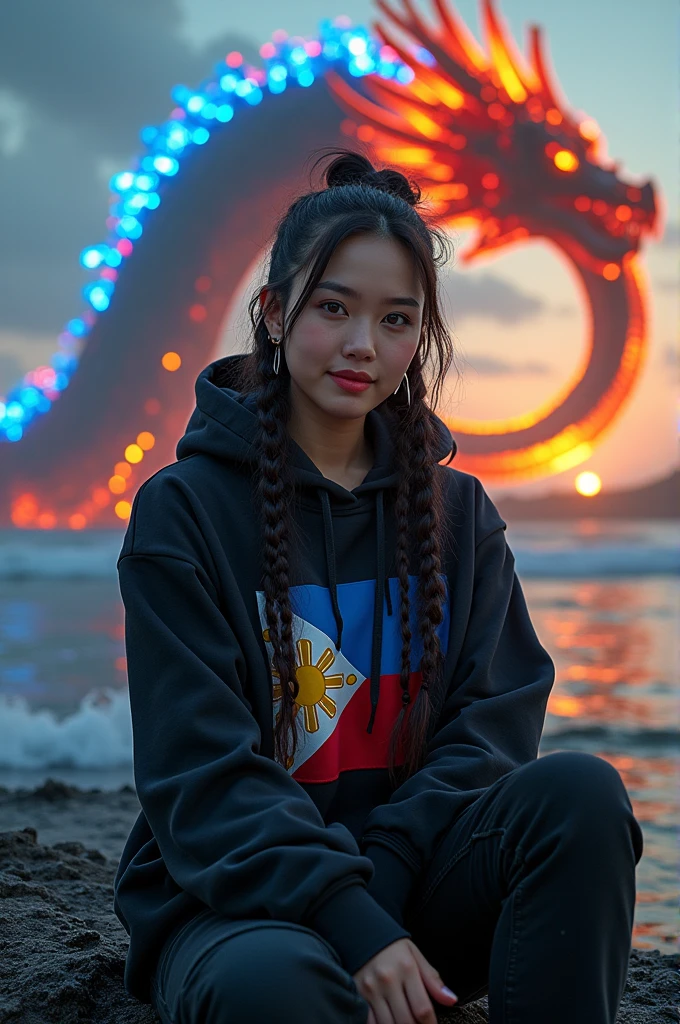 lava font "Aga" realistic of high-resolution 0f photograph a real beautiful Filipina women,kpop look have stunning smile,cornrows braided hair,Wearing a black hoodie Philippines flag, sitting on a majestic black sea with a giant fire dragon behind Blue, red yellow and white, phrase words name *Aga* made a transparent CYSTAL Philippines flag blue,red, yellow and white in a bold font written on the top of man ,background cystal  water green nature,