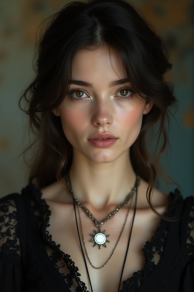 This image shows a portrait of a young woman with delicate features and a serene expression.. He has dark hair, slightly wavy and loose, with some strands falling around her face. His skin is clear, with subtle freckles on the cheeks, and his eyes are of a clear and penetrating tone. She is dressed in a dark blouse, probably lace, which gives it an elegant and antique touch. She wears a necklace with a sun-shaped pendant., and another finer one,