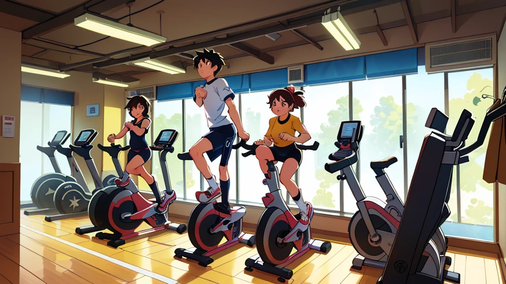 Cartoon Style，there are many people on exercise bikes in a 健身房，background a gym, hedonic treadmill, healthy, Plenty of light, Natural soft lighting,