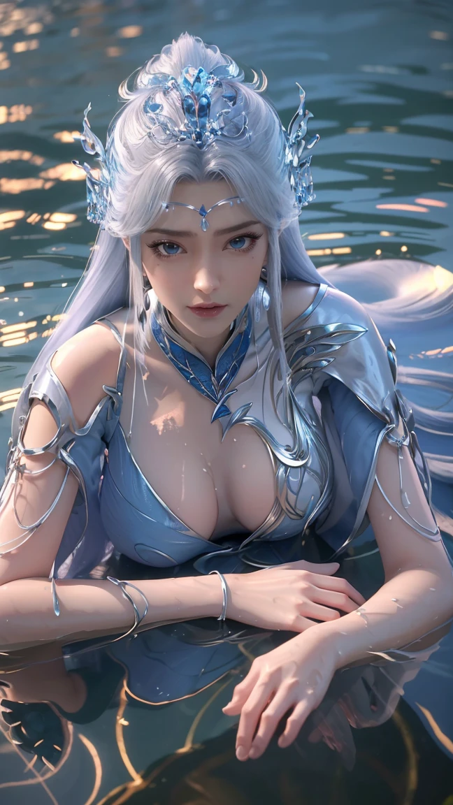 Divindade anime realista com cabelo prata e um vestido transparente , Ethereal, Ocean city,corais, Arte imaginativa, magia , luzes refletidas, ethereal rainbows, luz solar, luz amarela, luz colorida, muito brilho, a lot of iridescence, ambiente fundo do mar, pearling, bolhas de agua, living waters, Aquatic beings , fantasia, luz animada, Living Water style clothes, water movement, fluidez, iluminacao brilhante, anime fantasy illustration,bolhas coloridas, 8k arte detalhada de alta qualidade, beautiful young wind spirit, Ethereal Fantasy, fada astral, iridescence, UDH, alto detalhamento
